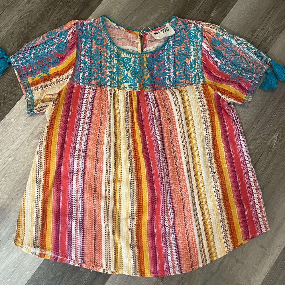 Savanna Jane Multicolor Striped Blouse with Embroidered Yoke